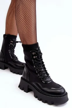 Skórzane Szurowane Masywne Workery Botki Damskie Czarne Seloma