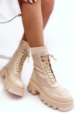 Skórzane Szurowane Masywne Workery Botki Damskie Beżowe Seloma