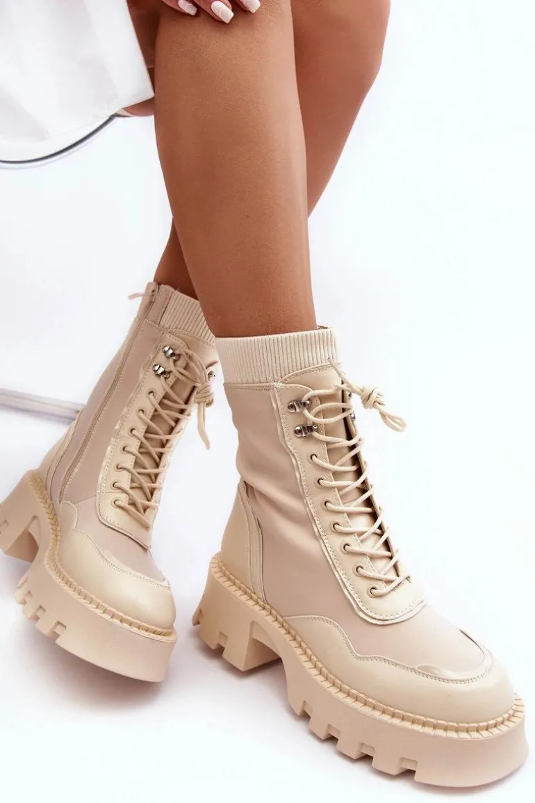 Skórzane Szurowane Masywne Workery Botki Damskie Beżowe Seloma