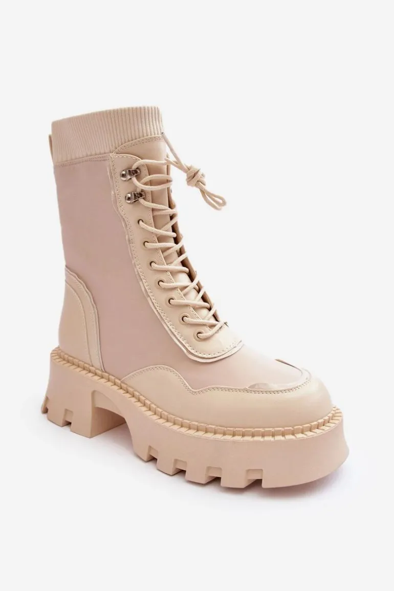 Skórzane Szurowane Masywne Workery Botki Damskie Beżowe Seloma