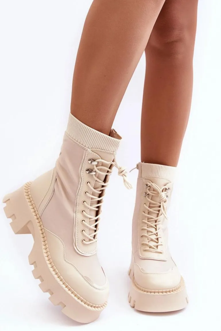 Skórzane Szurowane Masywne Workery Botki Damskie Beżowe Seloma