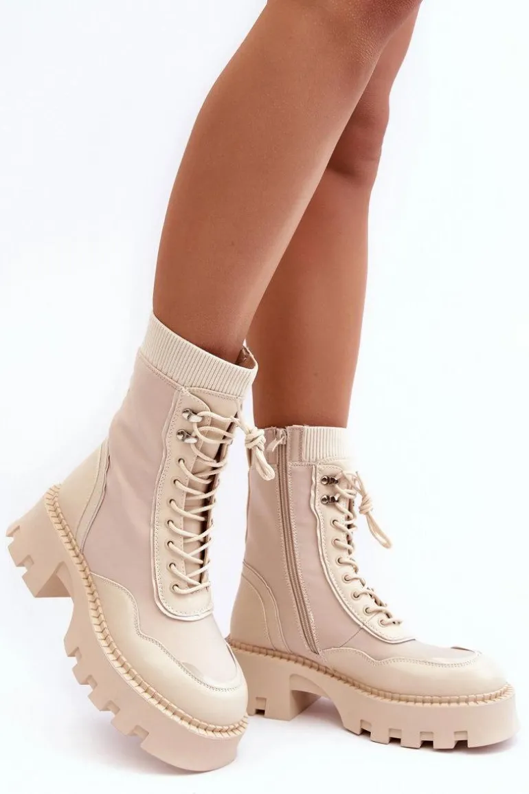 Skórzane Szurowane Masywne Workery Botki Damskie Beżowe Seloma