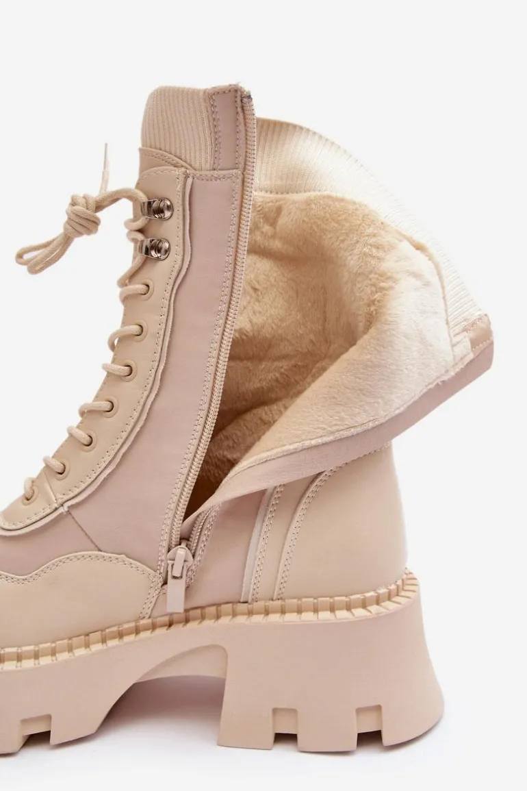 Skórzane Szurowane Masywne Workery Botki Damskie Beżowe Seloma