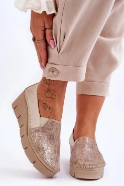 Skórzane Tenisówki Na Koturnie Maciejka 5814A-10 Beżowe