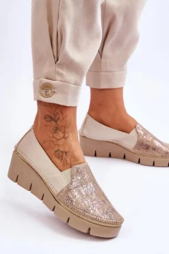 Skórzane Tenisówki Na Koturnie Maciejka 5814A-10 Beżowe