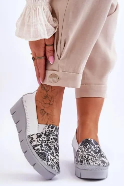 Skórzane Tenisówki Na Koturnie Maciejka 5814A-11 Biało-Czarne