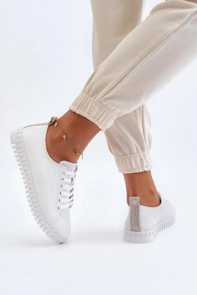 Skórzane Trampki Damskie Białe Xenobia