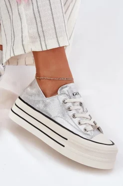 Skórzane Trampki Damskie Na Platformie GOE RR2N4108 Srebrne