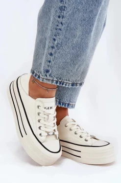 Skórzane Trampki Damskie Na Platformie GOE RR2N4106 Białe