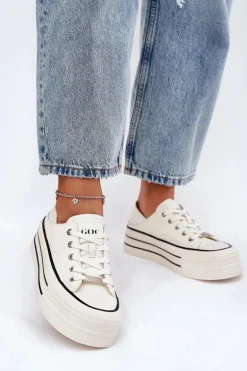 Skórzane Trampki Damskie Na Platformie GOE RR2N4106 Białe