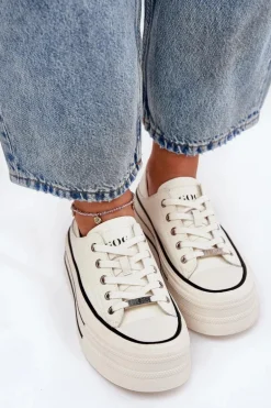 Skórzane Trampki Damskie Na Platformie GOE RR2N4106 Białe