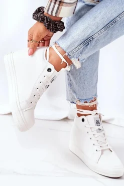 Skórzane Trampki Na Koturnie Big Star EE274128 Białe