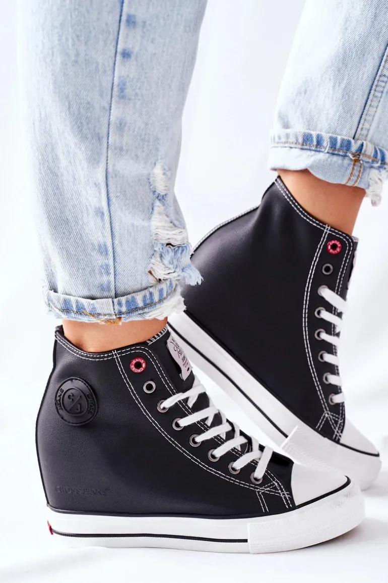 Skórzane Trampki Na Koturnie Cross Jeans II2R4025 Czarne