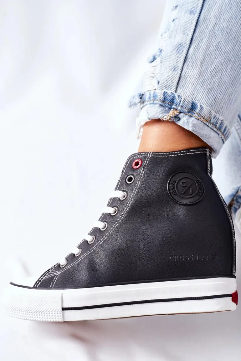 Skórzane Trampki Na Koturnie Cross Jeans II2R4025 Czarne