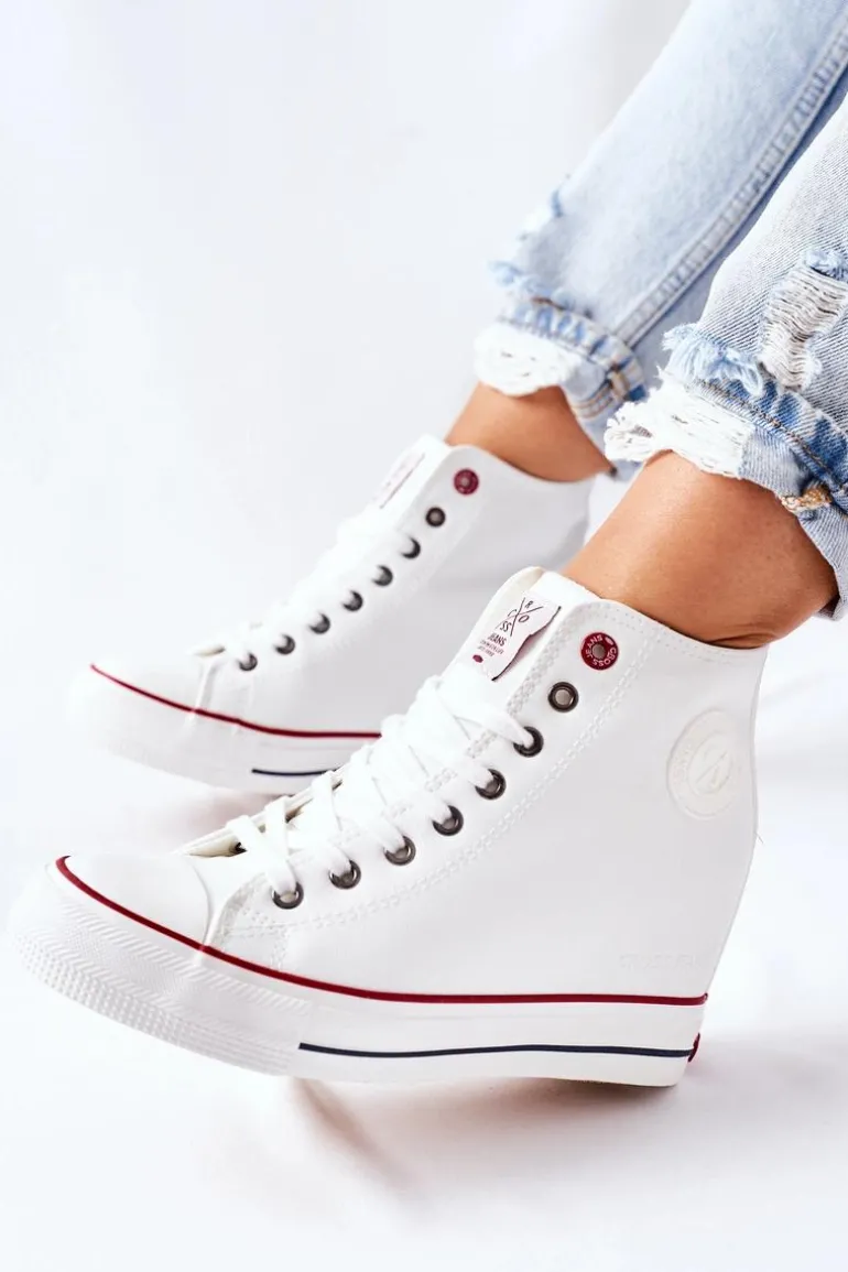 Skórzane Trampki Na Koturnie Cross Jeans II2R4024 Białe