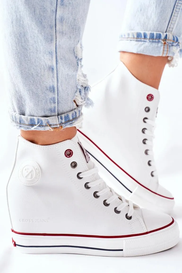 Skórzane Trampki Na Koturnie Cross Jeans II2R4024 Białe