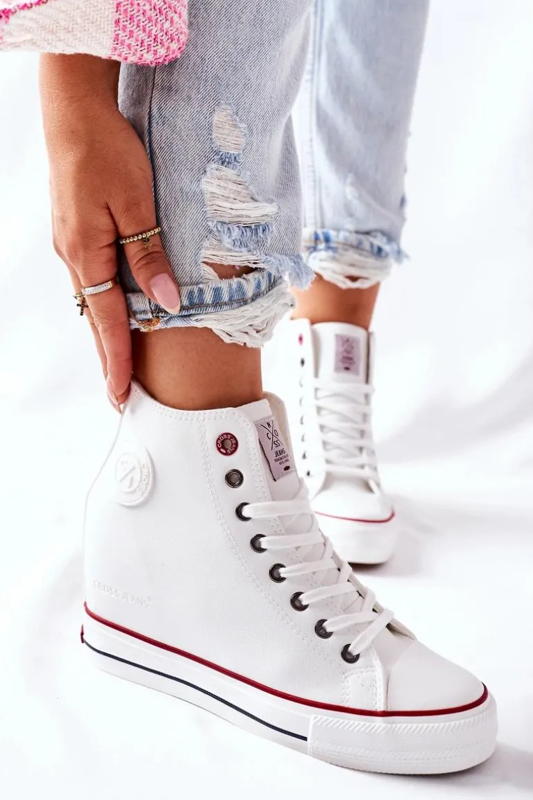 Skórzane Trampki Na Koturnie Cross Jeans II2R4024 Białe