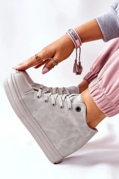 Skórzane Trampki Na Koturnie Big Star II274093 Szare