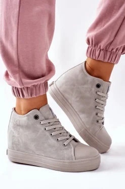 Skórzane Trampki Na Koturnie Big Star II274093 Szare