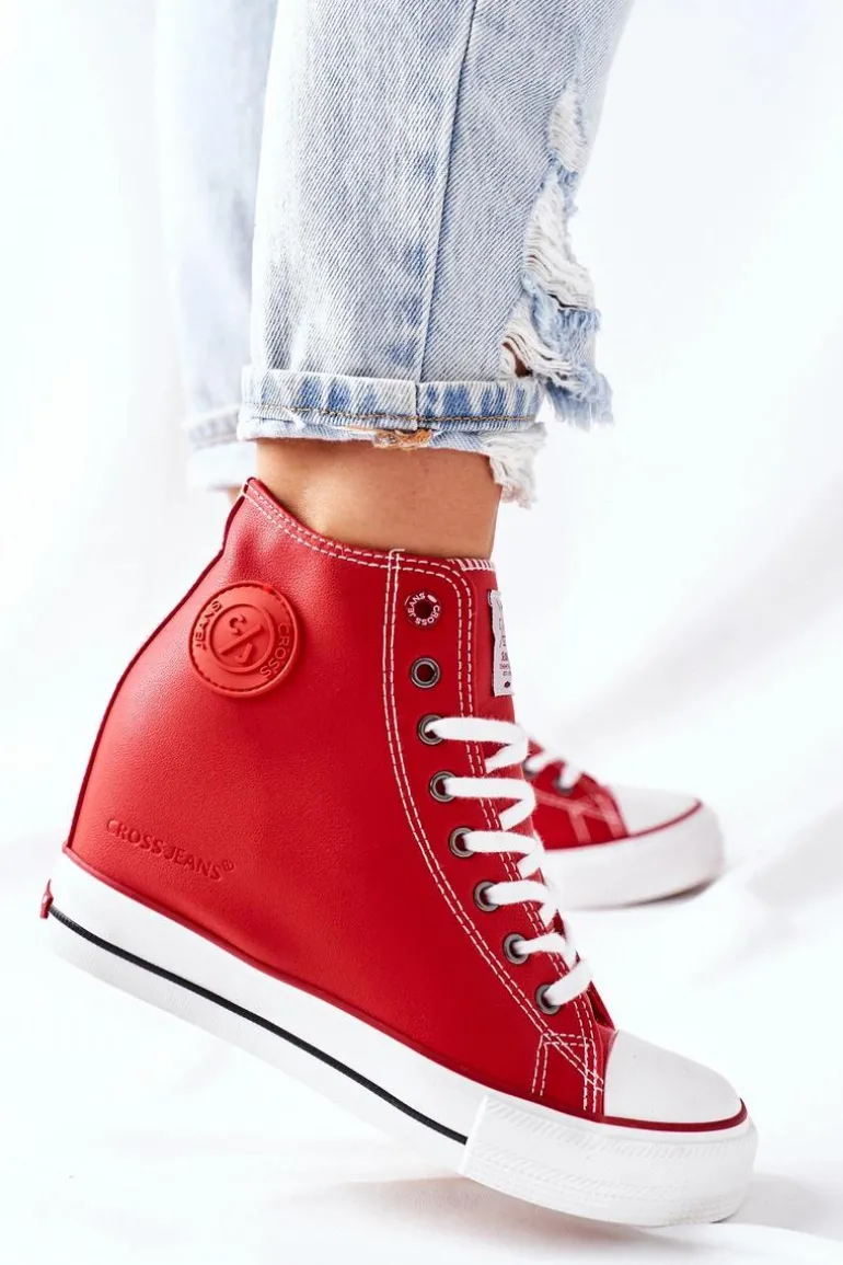 Skórzane Trampki Na Koturnie Cross Jeans II2R4026 Czerwone