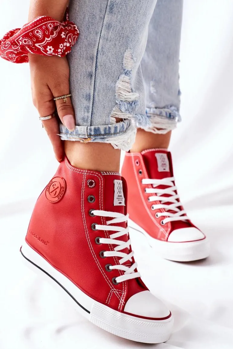 Skórzane Trampki Na Koturnie Cross Jeans II2R4026 Czerwone