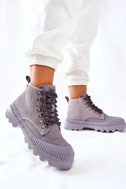 Skórzane Trapery Botki Big Star II274365 Szare