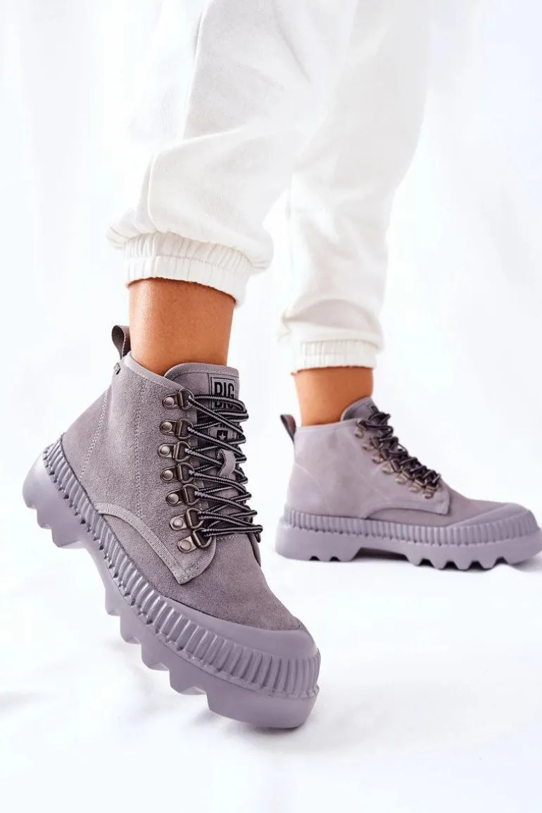 Skórzane Trapery Botki Big Star II274365 Szare