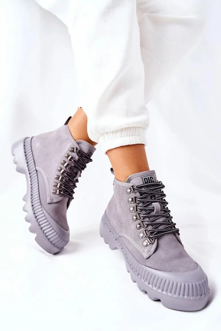 Skórzane Trapery Botki Big Star II274365 Szare