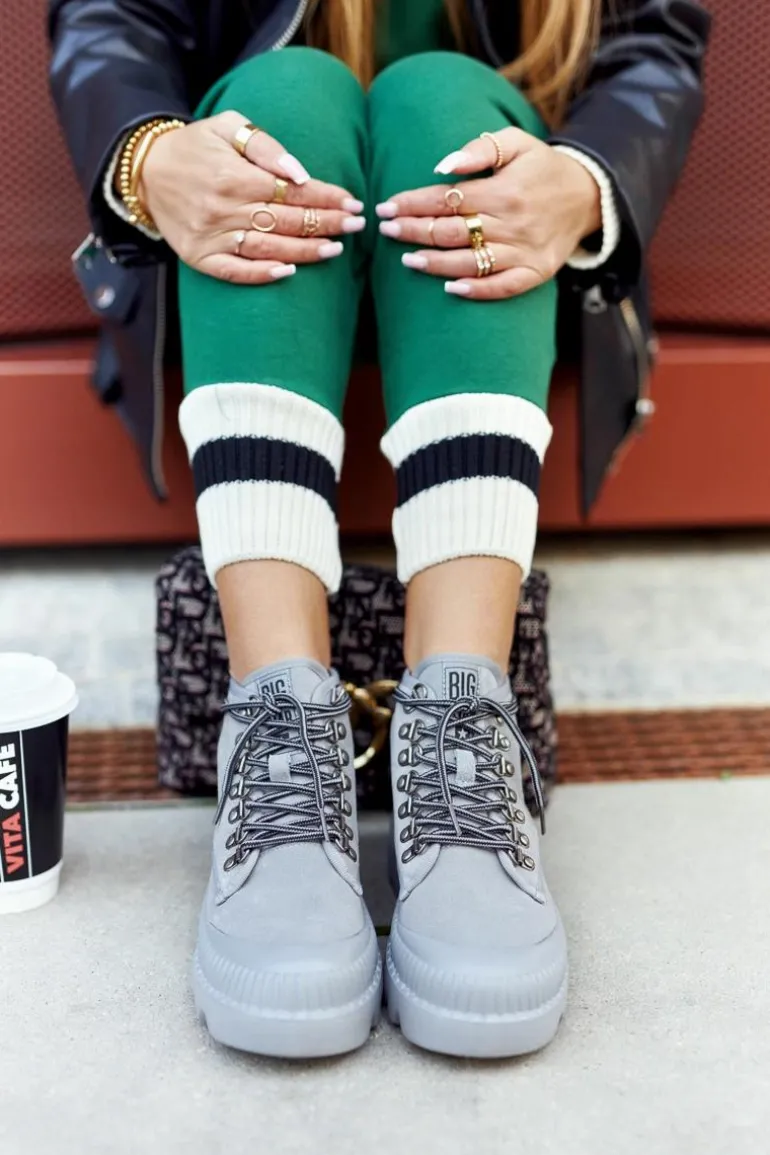 Skórzane Trapery Botki Big Star II274365 Szare