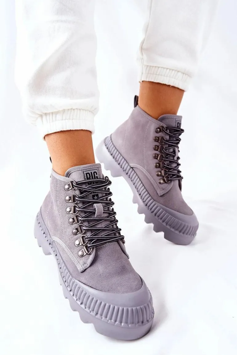 Skórzane Trapery Botki Big Star II274365 Szare