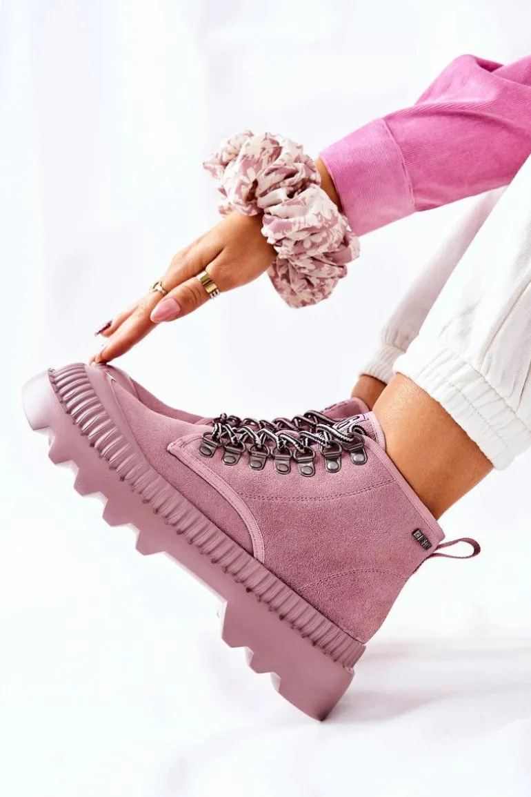 Skórzane Trapery Botki Big Star II274367 Różowe