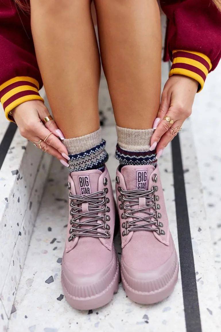 Skórzane Trapery Botki Big Star II274367 Różowe