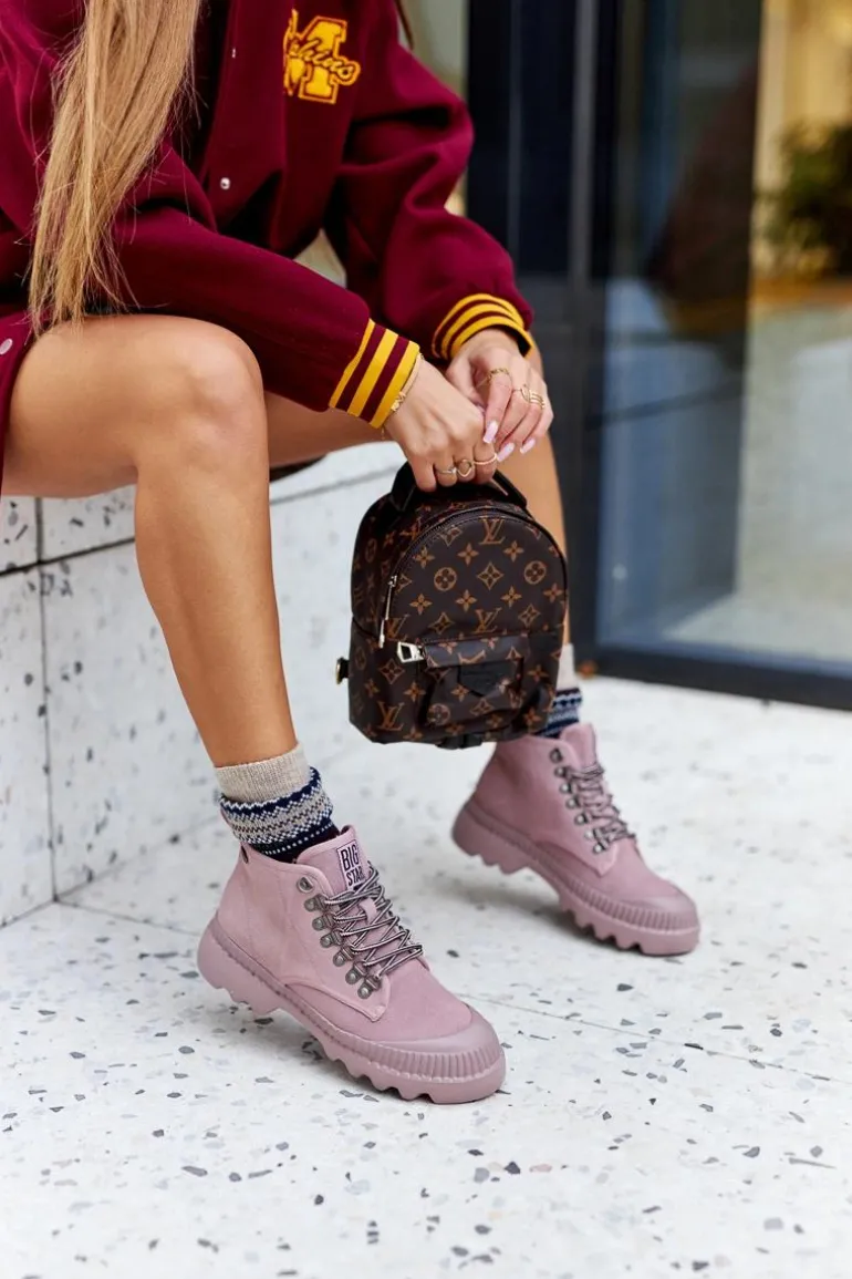 Skórzane Trapery Botki Big Star II274367 Różowe