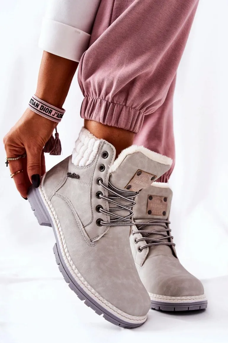 Skórzane Trapery Z Ociepleniem Jasnoszare Laralis