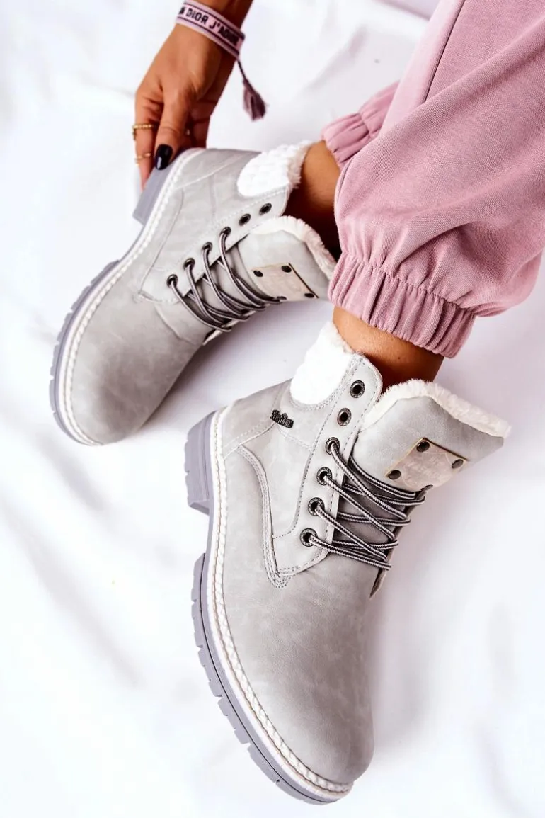 Skórzane Trapery Z Ociepleniem Jasnoszare Laralis