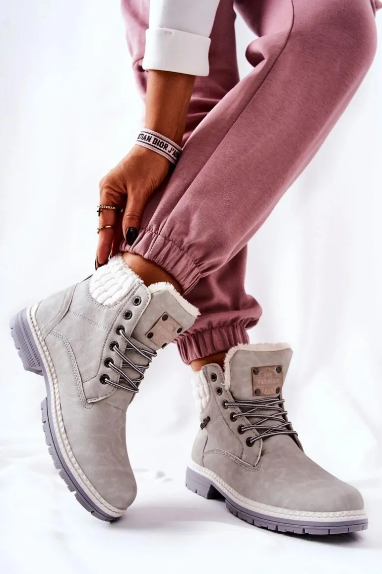 Skórzane Trapery Z Ociepleniem Jasnoszare Laralis