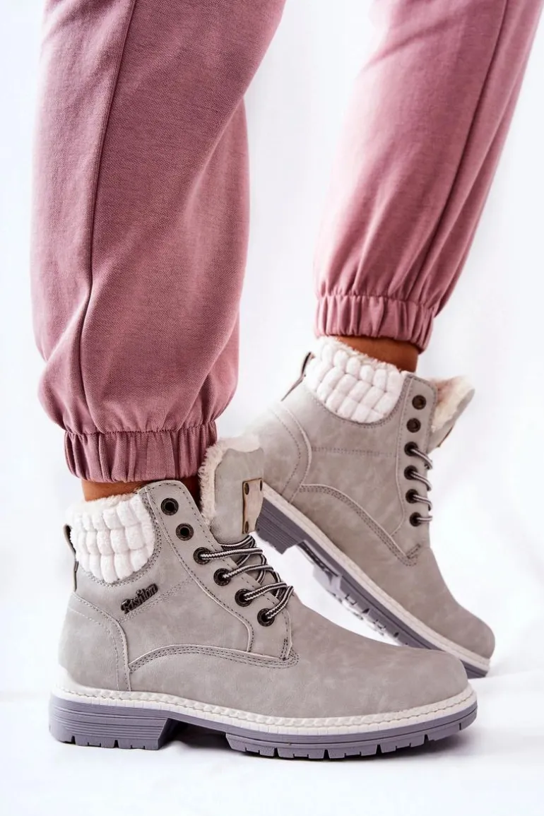 Skórzane Trapery Z Ociepleniem Jasnoszare Laralis