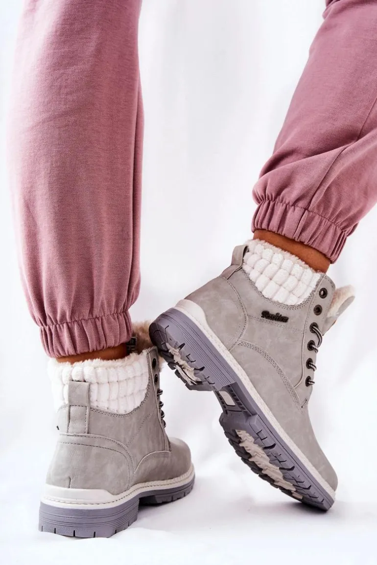 Skórzane Trapery Z Ociepleniem Jasnoszare Laralis