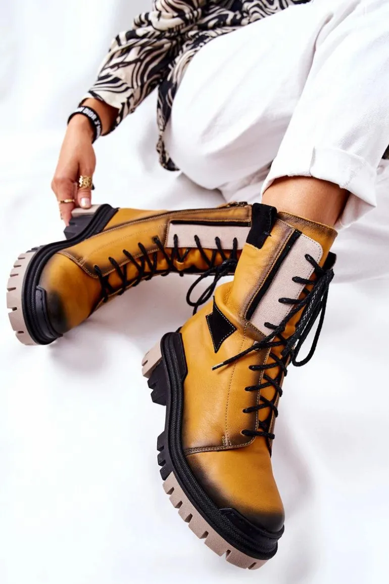 Skórzane Trzewiki Botki Ocieplane Maciejka Żółte 05113-07