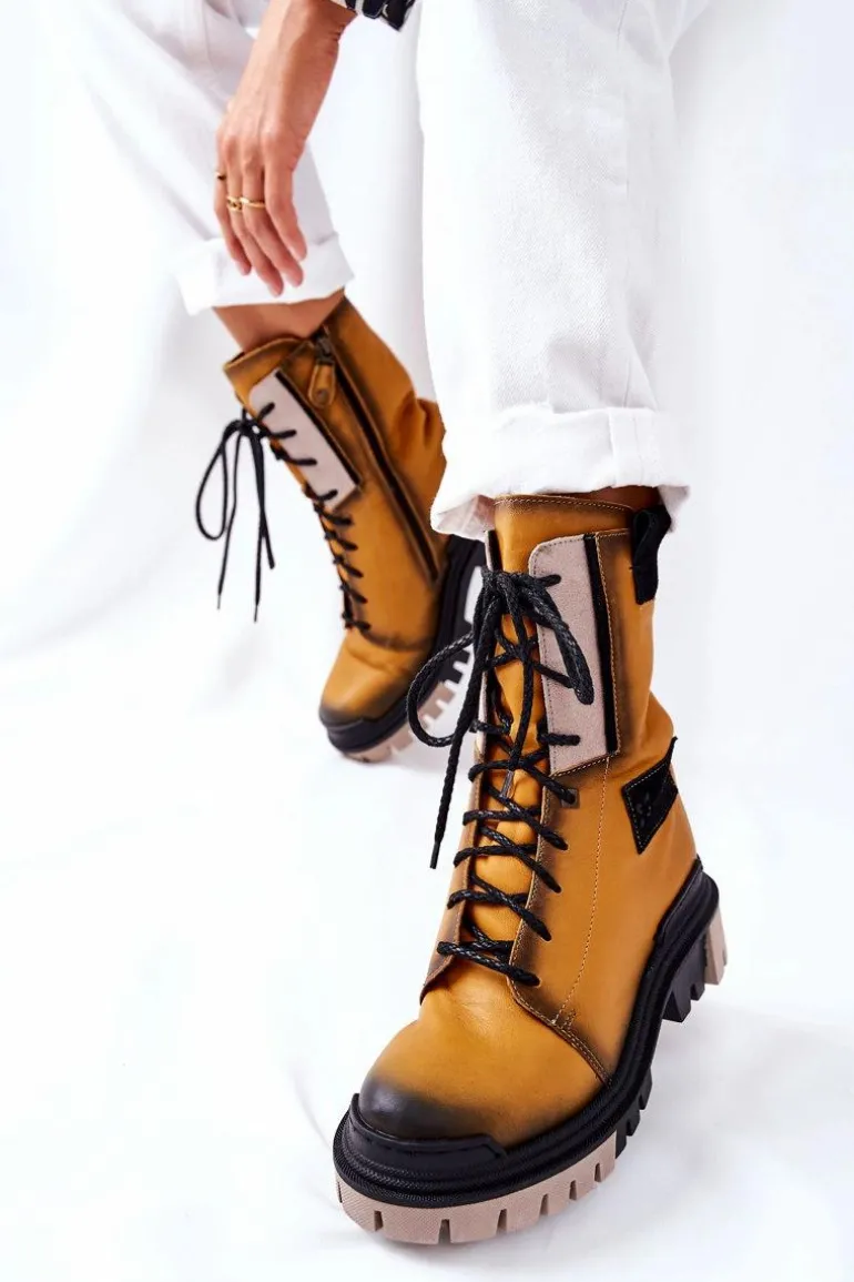 Skórzane Trzewiki Botki Ocieplane Maciejka Żółte 05113-07