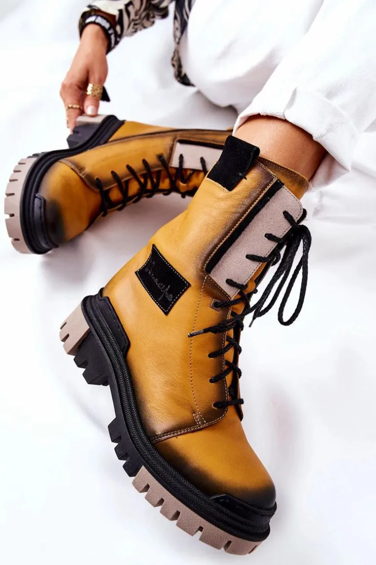 Skórzane Trzewiki Botki Ocieplane Maciejka Żółte 05113-07