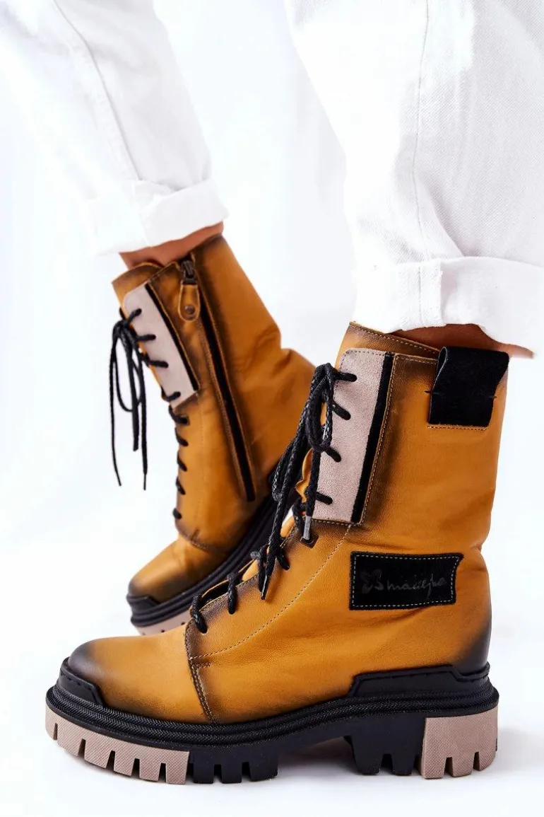 Skórzane Trzewiki Botki Ocieplane Maciejka Żółte 05113-07