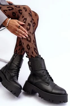 Skórzane Workery Botki Damskie Czarne Lemar Anceria