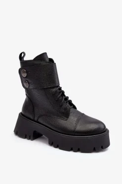 Skórzane Workery Botki Damskie Czarne Lemar Anceria