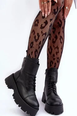 Skórzane Workery Botki Damskie Czarne Lemar Anceria