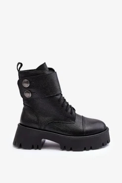 Skórzane Workery Botki Damskie Czarne Lemar Anceria