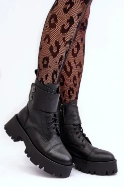 Skórzane Workery Botki Damskie Czarne Lemar Anceria