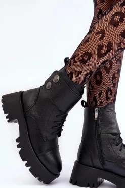 Skórzane Workery Botki Damskie Czarne Lemar Anceria