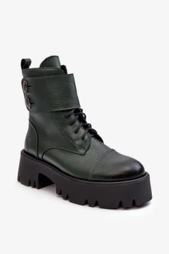 Skórzane Workery Botki Damskie Zielone Lemar Anceria