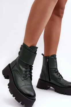 Skórzane Workery Botki Damskie Zielone Lemar Anceria